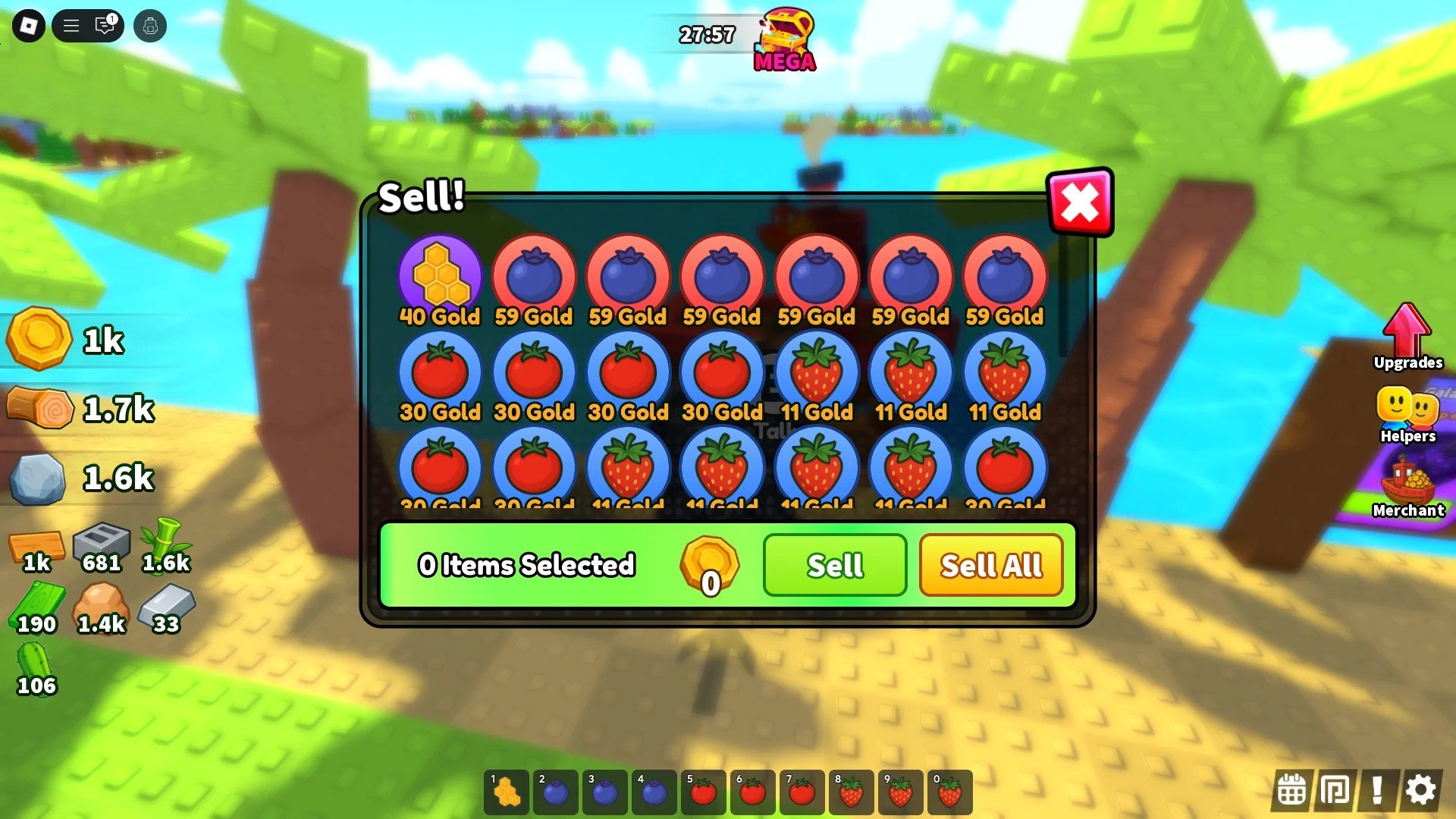 Build An Island! Roblox 경험에서 농작물을 상인 NPC에게 판매하는 방법을 보여주는 플레이어.