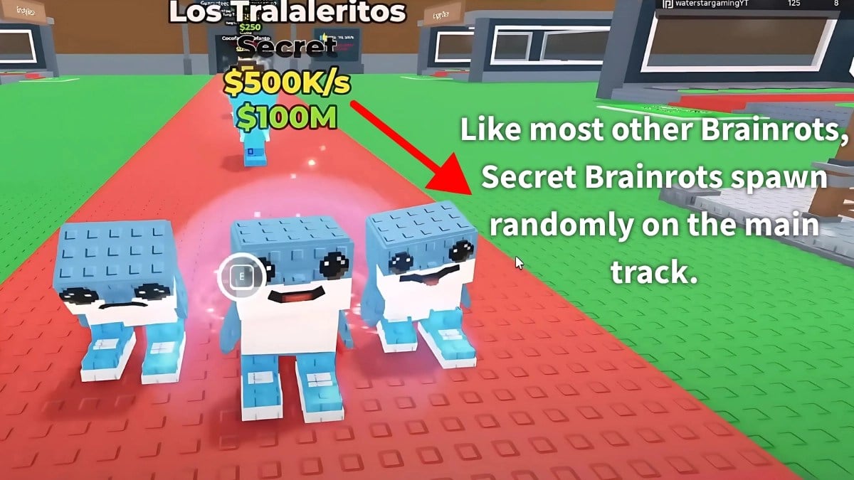 Steal a Brainrot Roblox 경험의 메인 트랙에서 Secret Brainrot을 구매하는 방법을 보여주는 플레이어.
