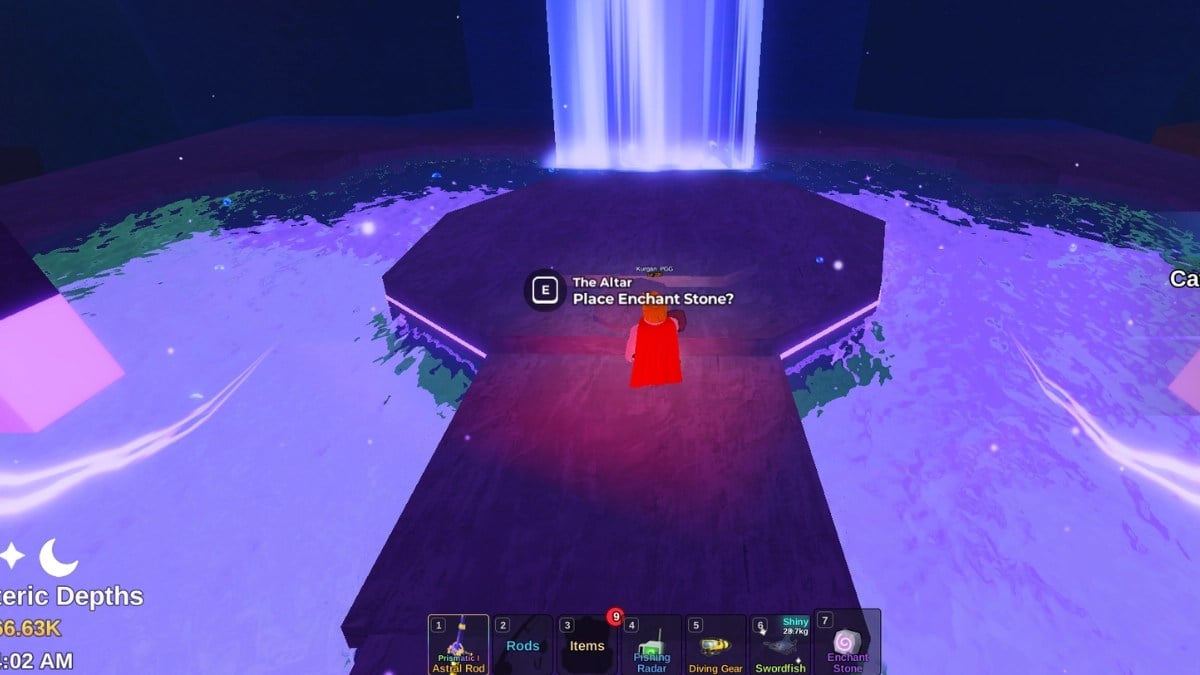 Fish It Roblox 경험에서 자신의 낚싯대를 마법으로 강화하는 플레이어.
