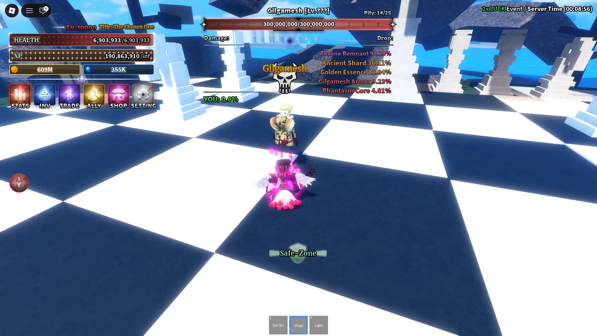 Sailor Piece Roblox 경험에서 Boss Island에서 길가메시 보스와 싸우는 플레이어.