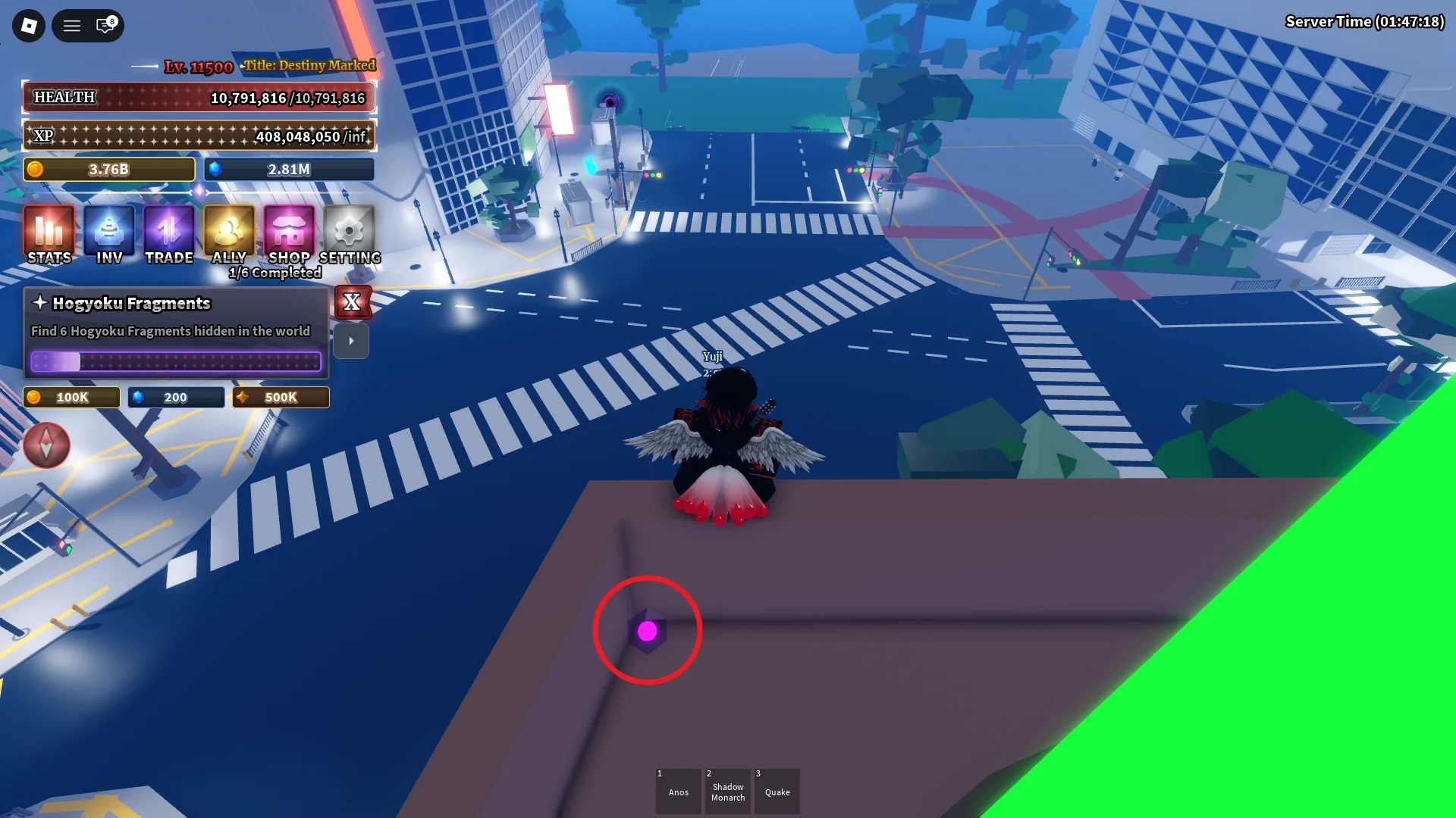 Sailor Piece Roblox 경험에서 호교쿠 퀘스트에 필요한 시부야 역의 호교쿠 조각 #2 위치.