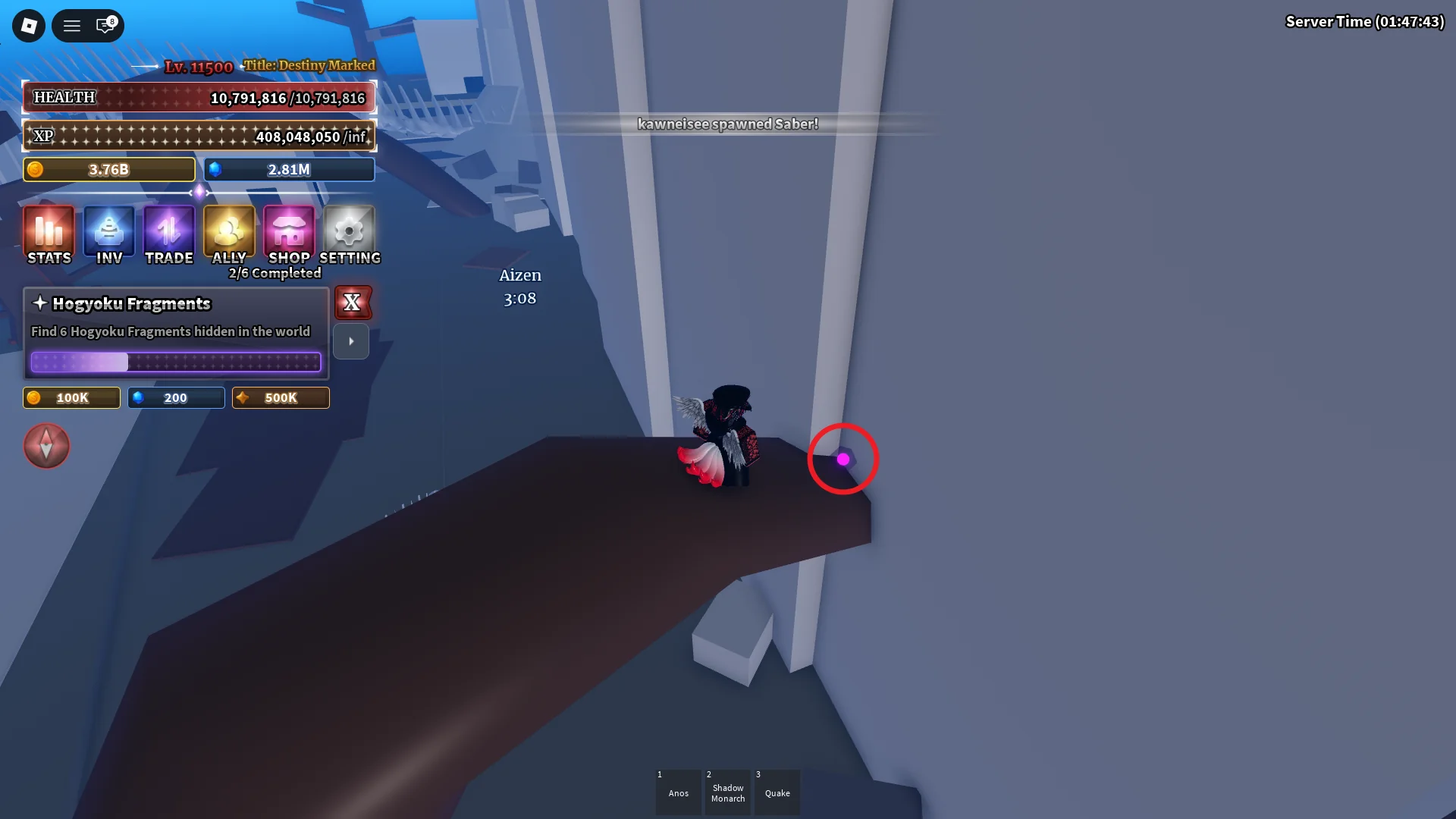 Sailor Piece Roblox 경험에서 호교쿠 퀘스트에 필요한 휴에코 문도의 호교쿠 조각 #3 위치.