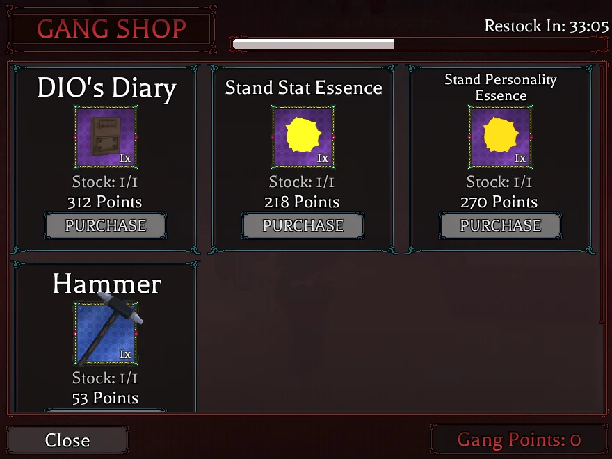 Bizarre Lineage Roblox 경험에서 갱단 포인트를 사용하여 독점 아이템을 교환할 수 있는 갱단 상점 미리보기.
